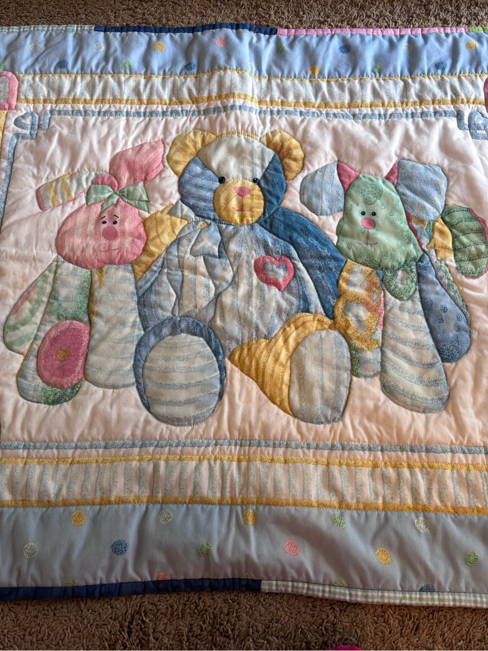 Pastel Teddy Patchwork Quilt - Nursery Plush Animal Design